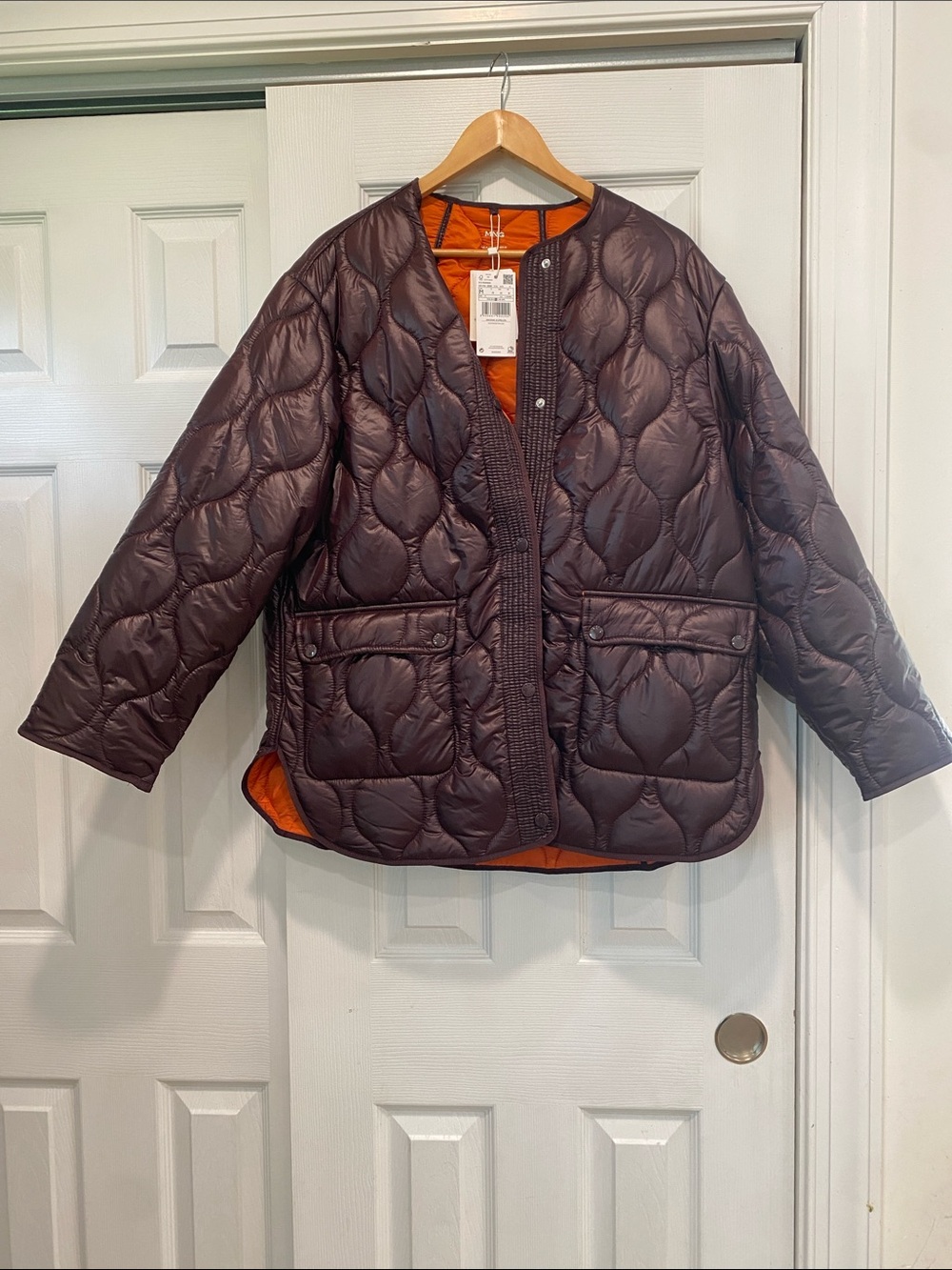 Mango Quilted Puffer Jacket in Brown with Orange Lining